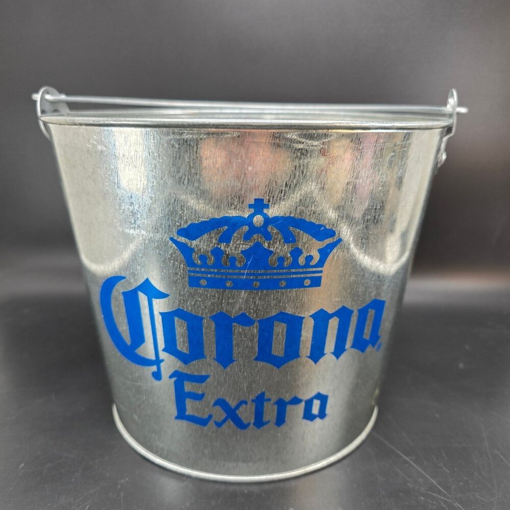 Corona Extra Metal Bucket For Drinks Or Decor – Silver With Blue Logo jj4168